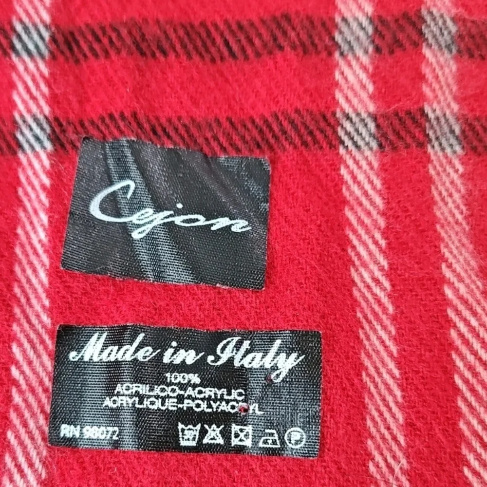 Cejon Italian Acrylic Fringed Long Neck Scarf Red Tartan Plaid Holiday Ski 11/62